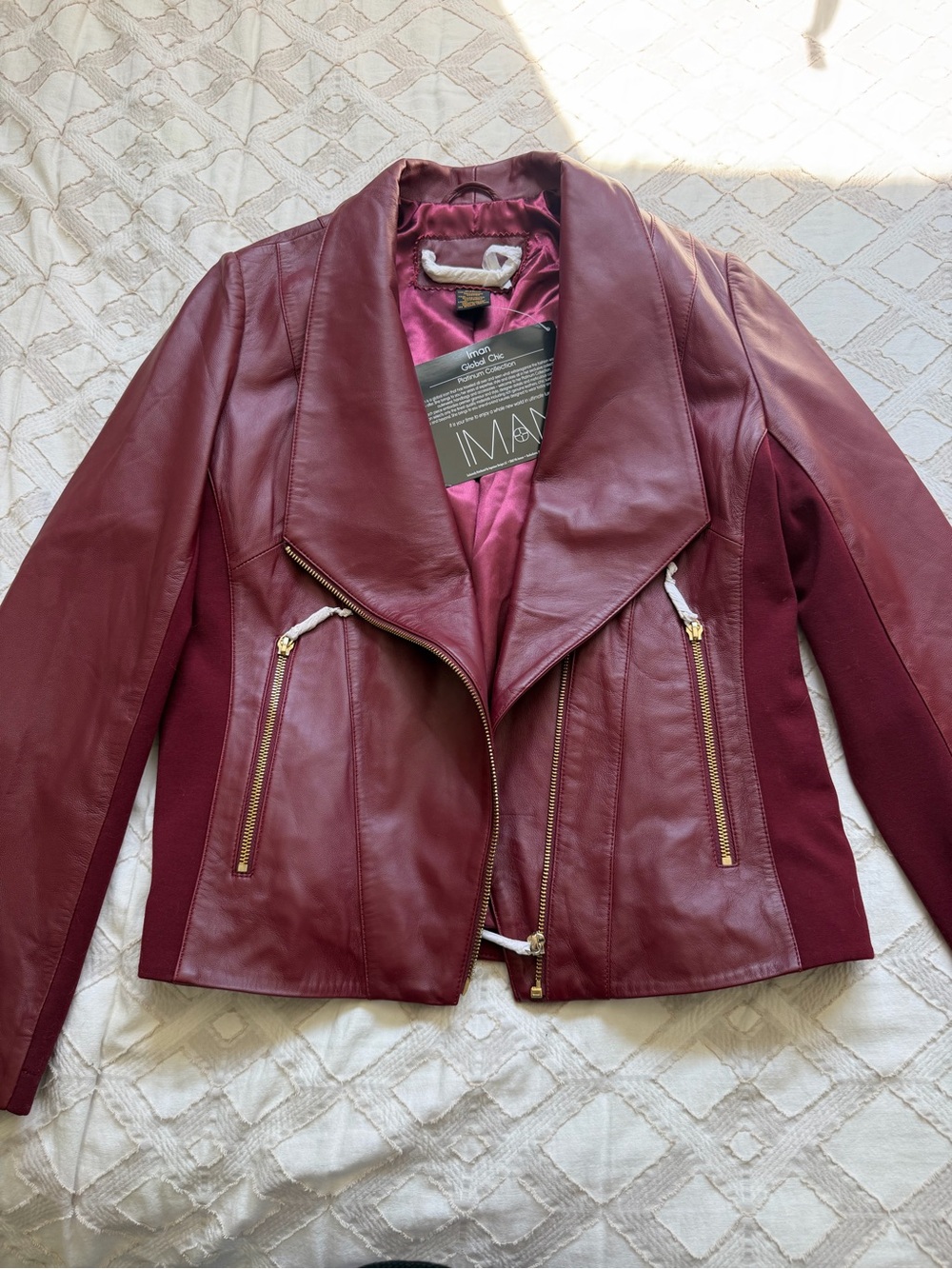 IMAN Wine Red Leather Moto Jacket with Knit Sides